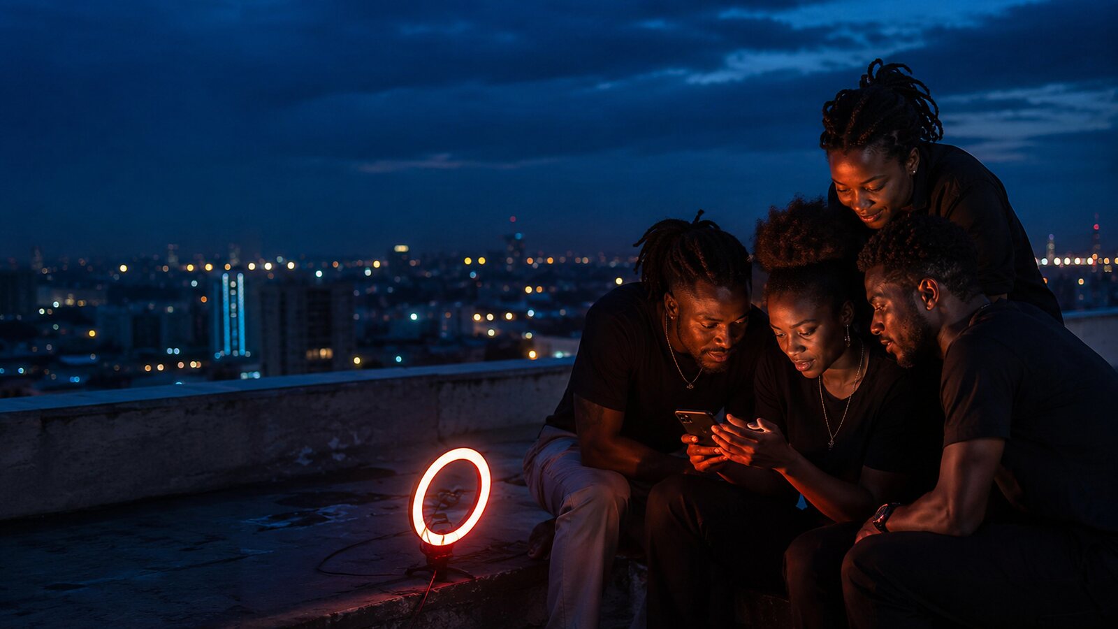 A creator crew reviewing footage on a Kinshasa rooftop at blue hour