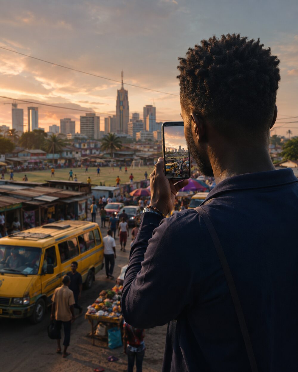 A creator filming a Kinshasa street at golden hour